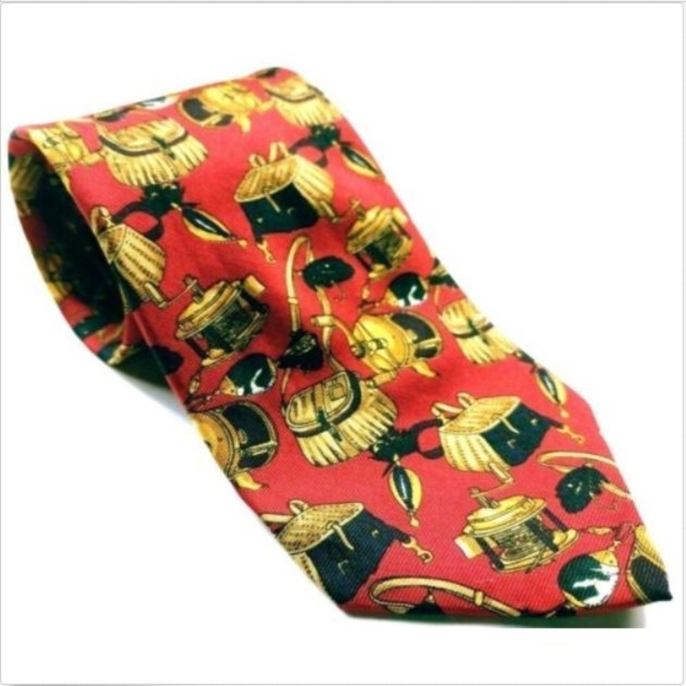 Lands End Mens Silk Fishing Rod Reel Tackle Box Tie